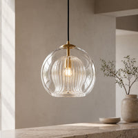 Ribbed Glass Globe Pendant — Brass Cage, Clear or Amber