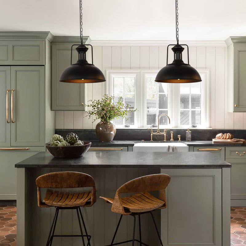 Industrial Dome Pendant Light — Black Hammered Metal