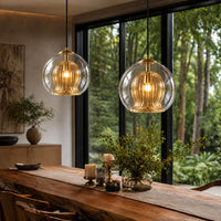 Ribbed Glass Globe Pendant — Brass Cage, Clear or Amber