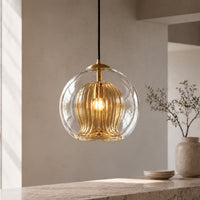Ribbed Glass Globe Pendant — Brass Cage, Clear or Amber