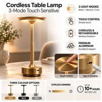 Cordless Touch Table Lamp — 3 Light Colours, Rechargeable Aluminium