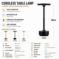Cordless Touch Table Lamp — 3 Light Colours, Rechargeable Aluminium
