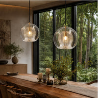 Ribbed Glass Globe Pendant — Brass Cage, Clear or Amber