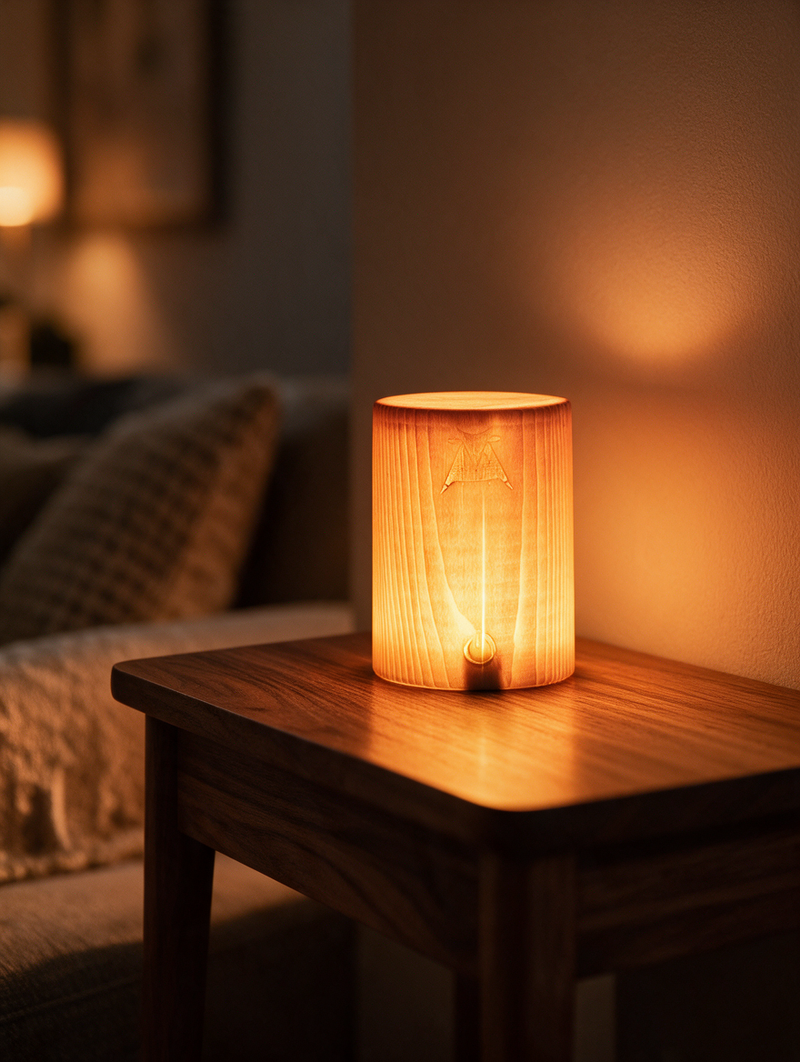 PineGlow | Cordless Solid Pine LED Table Lamp, Touch Dimming