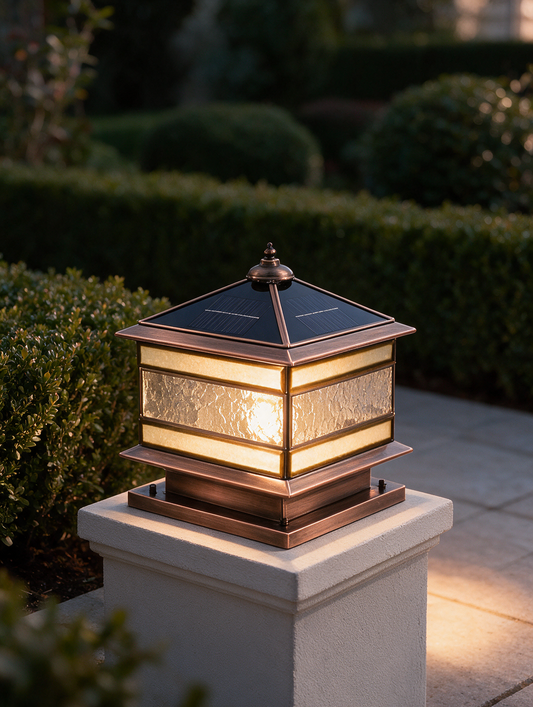 CopperGlow brass solar or hardwired garden pillar light