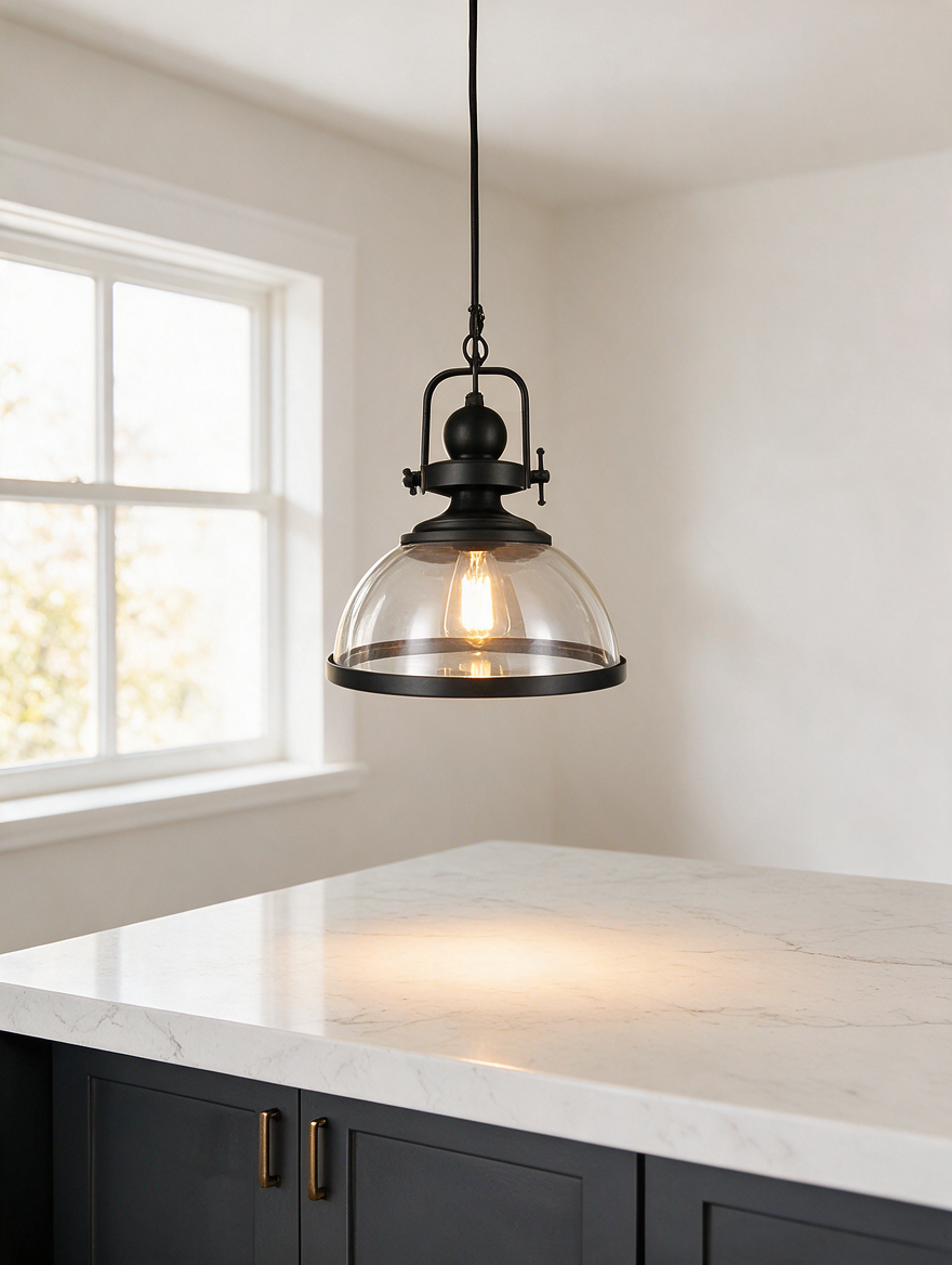 Noctelle | Clear Glass Bowl Pendant Light with Black Iron Frame