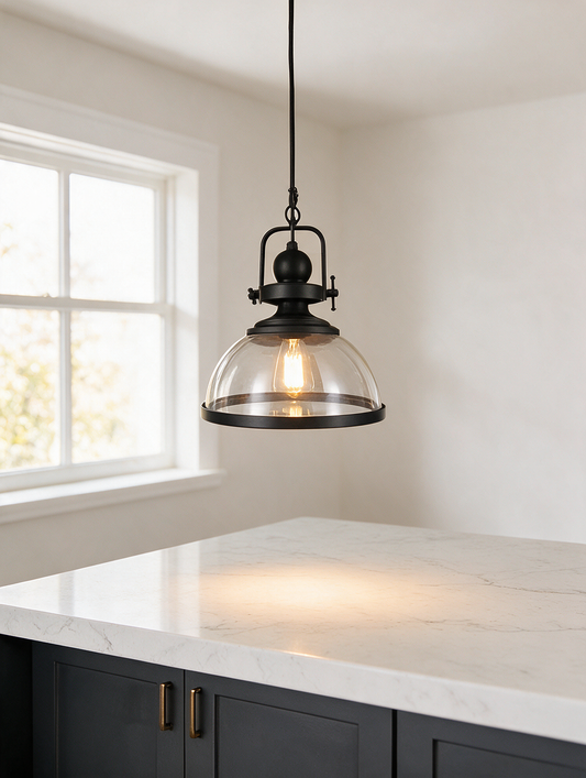 Noctelle clear glass bowl pendant light with black frame