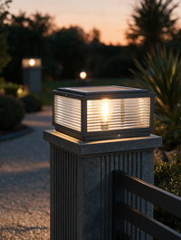 LuxeGlow solar or hardwired outdoor pillar light with ribbed glass shade — view 2