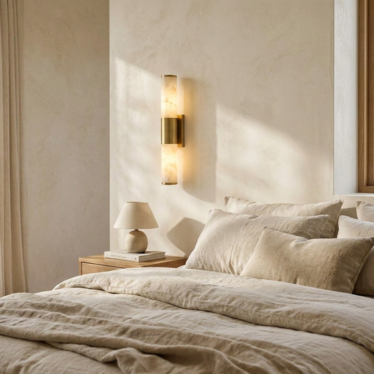 MarbleResonance | Elegant Minimalist LED Wall Sconce Lighting with Copper Accents — Lifestyle