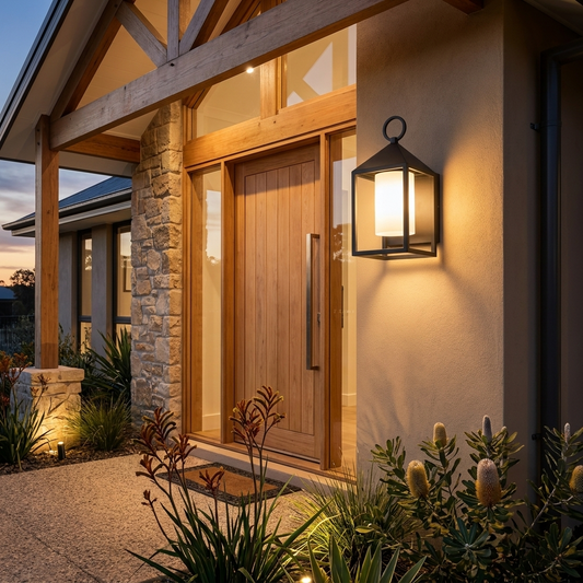 Lumenara | Modern Rustic Outdoor Wall Lantern with Clear Glass Panels — Lifestyle