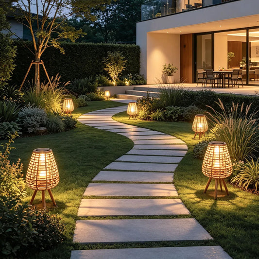 Rattan Solar Floor Lamp — Bamboo Patio Light, Solar or USB